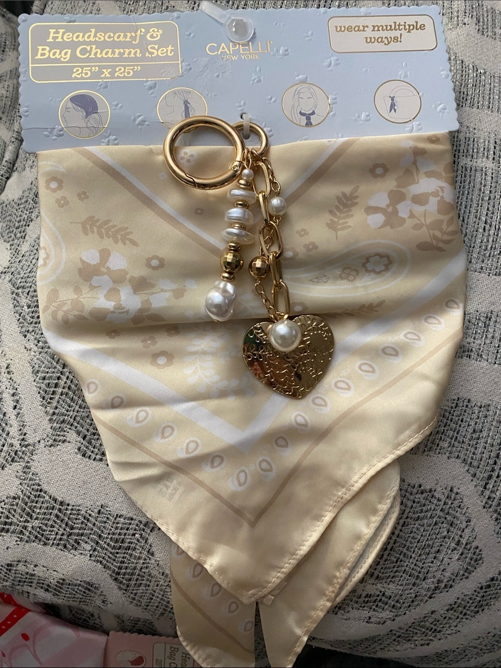 Capelli of New York Cream & Gold Floral Headscarf with Heart Bag Charm